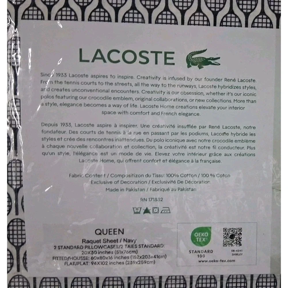 NIP Lacoste Queen 4-Piece 100% Cotton Percale Racquet Sheet Set Navy Blue